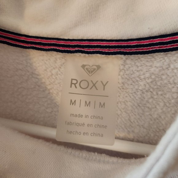 Super Comfy White Roxy Sweatshirt with Striped Sleeves and Front Zipper Pocket - Picture 3 of 5